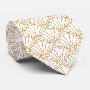 White en Gold Art Deco Fan Flower Motif Stropdas