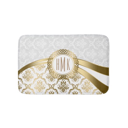 White en Gold Floral Damaskers Badmat (Voorkant)