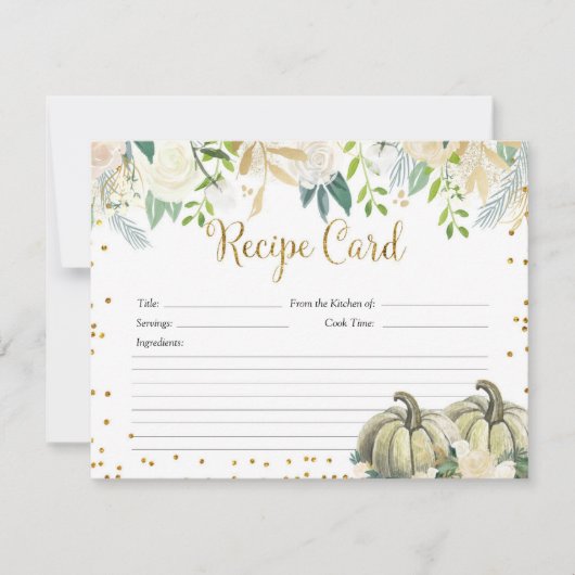White en Gold Floral Pumpkin Recipcard Kaart (Voorkant)