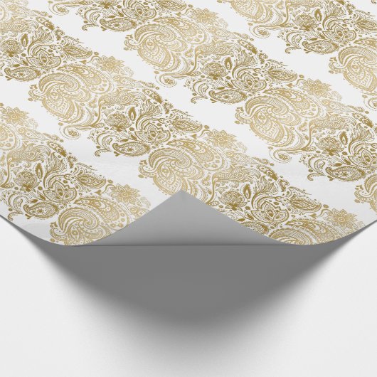 White en Gold Paisley Stripes Pattern Cadeaupapier (Hoek)