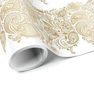 White en Gold Paisley Stripes Pattern Cadeaupapier