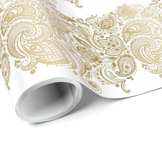 White en Gold Paisley Stripes Pattern Cadeaupapier (Rol Hoek)