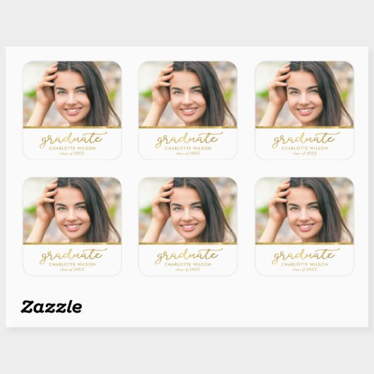 White en Gold Photo Afstuderen Afstuderen Vierkante Sticker (Vel)