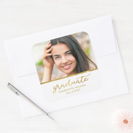White en Gold Photo Afstuderen Afstuderen Vierkante Sticker (Envelop)
