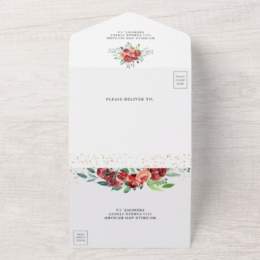 White en Gold Pumpkin Burgundy Floral Wedding All In One Uitnodiging (Buitenkant)