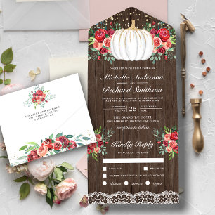 White en Gold Pumpkin Burgundy Floral Wedding All In One Uitnodiging