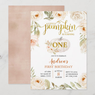 White en Gold Pumpkin First Birthday Kaart