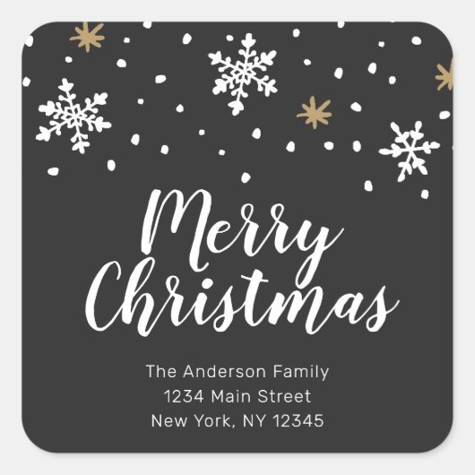 White en Gold Snowflakes, kerstretouradres Vierkante Sticker (Voorkant)