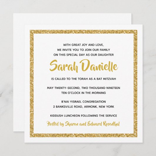 White en Gold Square Bat Mitzvah Invitation Kaart (Voorkant / Achterkant)