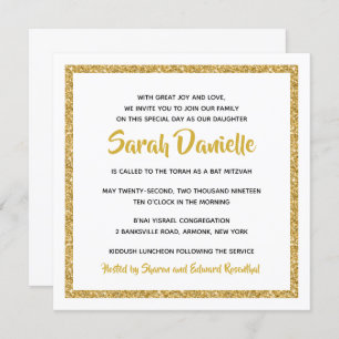 White en Gold Square Bat Mitzvah Invitation Kaart