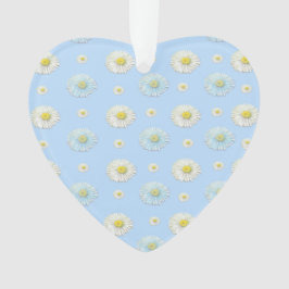 White en light blue Daisy Pattern Heart Ornament