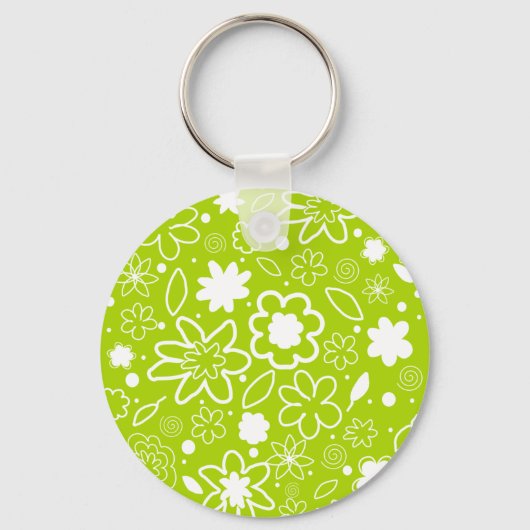 White en Lime Green Floral Pattern Sleutelhanger (Voorkant)