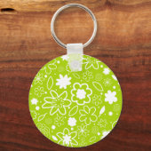 White en Lime Green Floral Pattern Sleutelhanger (Voorkant)