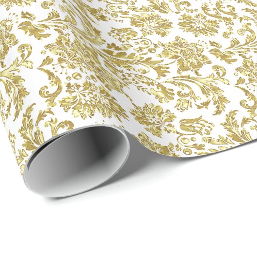 White en Metallic Gold Floral Damascus 4 Patroon Cadeaupapier (Rol Hoek)