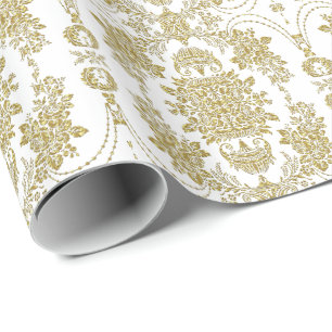 White en Metallic Gold Floral Damascus Patroon Cadeaupapier