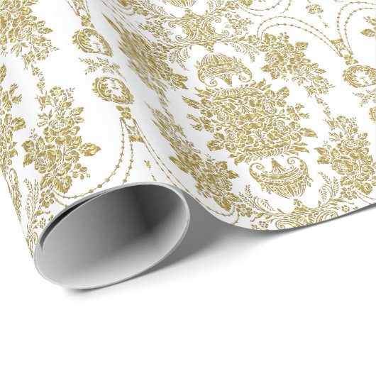 White en Metallic Gold Floral Damascus Patroon Cadeaupapier (Rol Hoek)