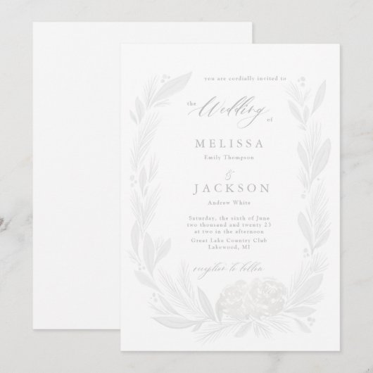 White en Mist Floral Wreath Wedding Invitation Kaart (Voorkant / Achterkant)