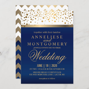 White en Navy Blue met Gold Stippen - Uitnodiging