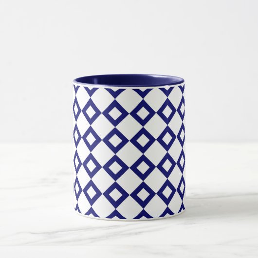 White en Navy Diamond Pattern Mok (Midden)