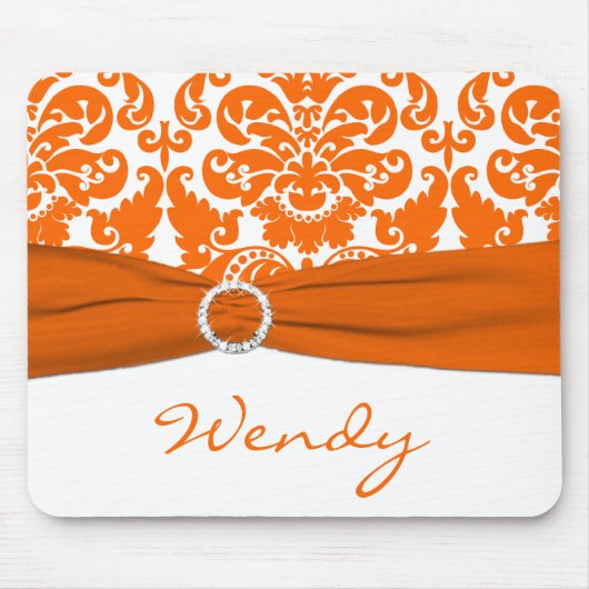 White en Oranje Damask Mousepad Muismat (Voorkant)