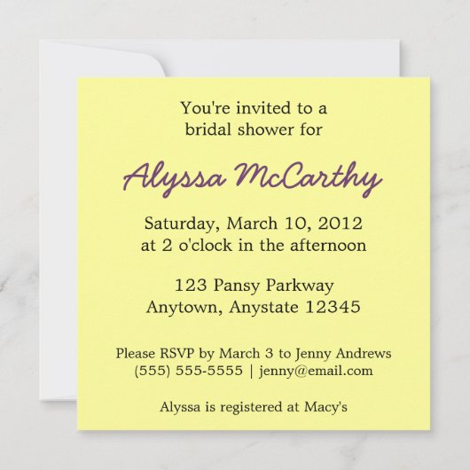 White en Paars Pansy Bridal Shower Kaart (Achterkant)