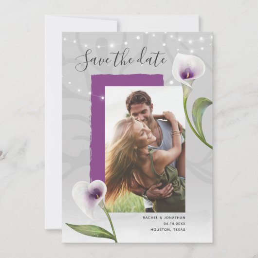 White en Paarse Calla Lily Wedding Save the Date Aankondiging (Voorkant)
