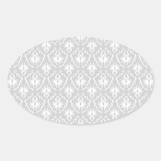 White en pastel Grey Damask Design. Ovale Sticker (Voorkant)