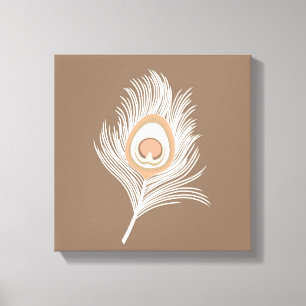 White en Peach Peacock Feather on Taupe Tan Canvas Afdruk