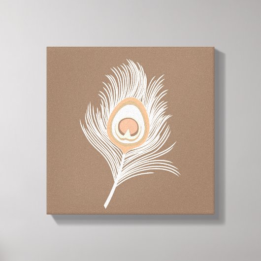 White en Peach Peacock Feather on Taupe Tan Canvas Afdruk (Voorkant)
