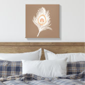 White en Peach Peacock Feather on Taupe Tan Canvas Afdruk (Insitu (Slaapkamer))