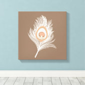 White en Peach Peacock Feather on Taupe Tan Canvas Afdruk (Insitu (Houten vloer))