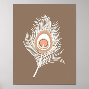 White en Peach Peacock Feather on Taupe Tan Poster
