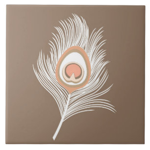 White en Peach Peacock Feather on Taupe Tan Tegeltje