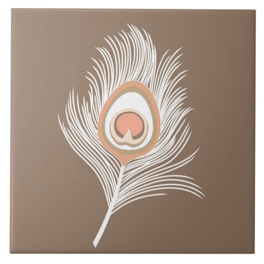 White en Peach Peacock Feather on Taupe Tan Tegeltje (Voorkant)