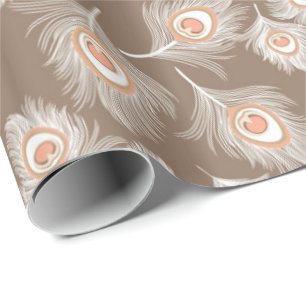 White en Peach Peacock Feathers op Taupe Tan Cadeaupapier