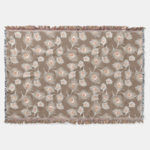 White en Peach Peacock Feathers op Taupe Tan Deken