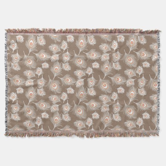 White en Peach Peacock Feathers op Taupe Tan Deken (Voorkant)