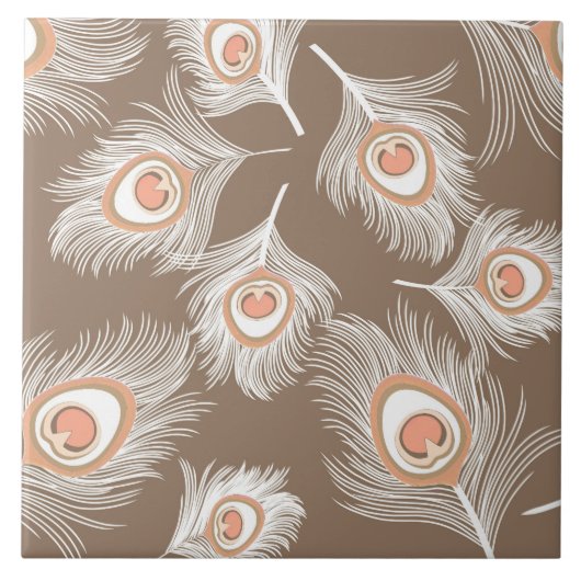 White en Peach Peacock Feathers op Taupe Tan Tegeltje (Voorkant)