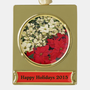 White en Red Poinsettias I Holiday Floral Verguld Banner Ornament
