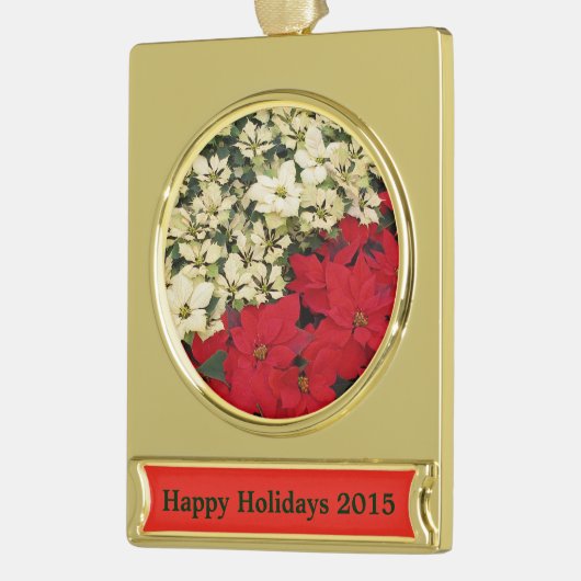 White en Red Poinsettias I Holiday Floral Verguld Banner Ornament (Links)