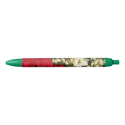 White en Red Poinsettias I Holiday Floral Zwarte Inkt Pen (Voorkant)