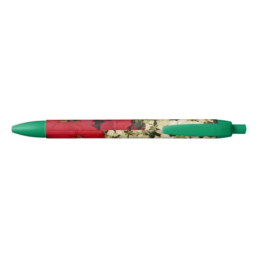 White en Red Poinsettias I Holiday Floral Zwarte Inkt Pen (Achterkant)