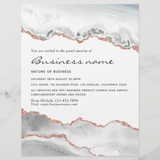 White en Roos Gold Agate Grand Opening Invitation Flyer (Voorkant)
