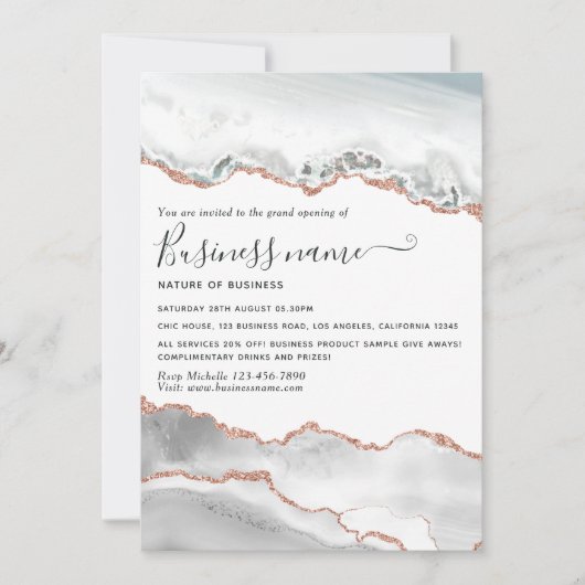 White en Roos Gold Agate Grand Opening Invitation Kaart (Voorkant)