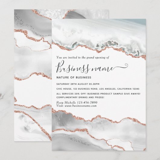 White en Roos Gold Agate Grand Opening Invitation Kaart (Voorkant / Achterkant)