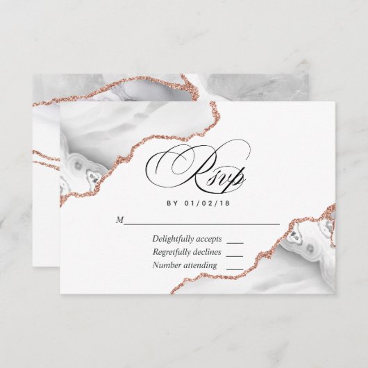 White en Roos Gold Agate Wedding RSVP Kaart (Voorkant / Achterkant)