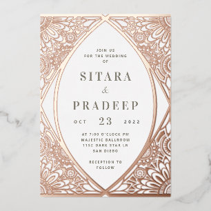 White en Roos Gold Arabesque Folie Invitation Uitnodiging