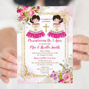 White en roze Girl Twin Presentacion De 3 Años Kaart