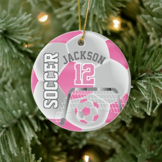 White en roze personaliseren Voetbal ⚽ Keramisch Ornament (Boom)