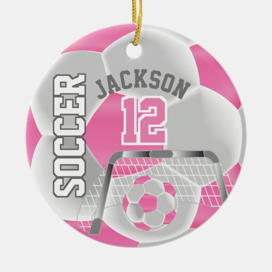 White en roze personaliseren Voetbal ⚽ Keramisch Ornament (Voorkant)